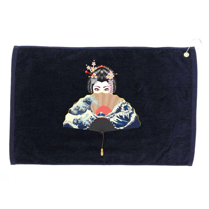 Geisha Hiding Behind Fan Wave Retro Japanese Art Graphic Grommeted Golf Towel