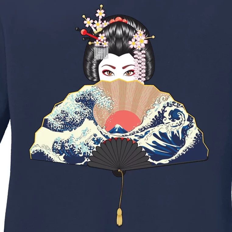 Geisha Hiding Behind Fan Wave Retro Japanese Art Graphic Ladies Long Sleeve Shirt