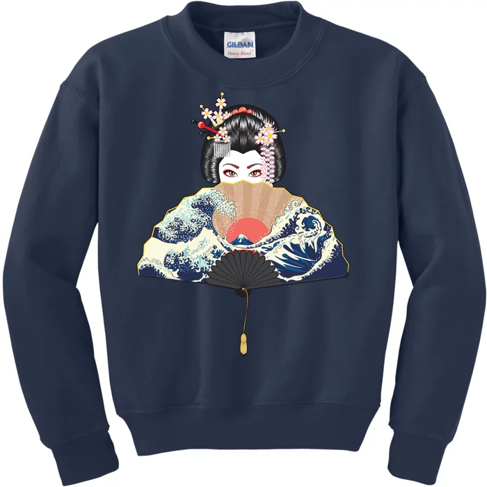 Geisha Hiding Behind Fan Wave Retro Japanese Art Graphic Kids Sweatshirt