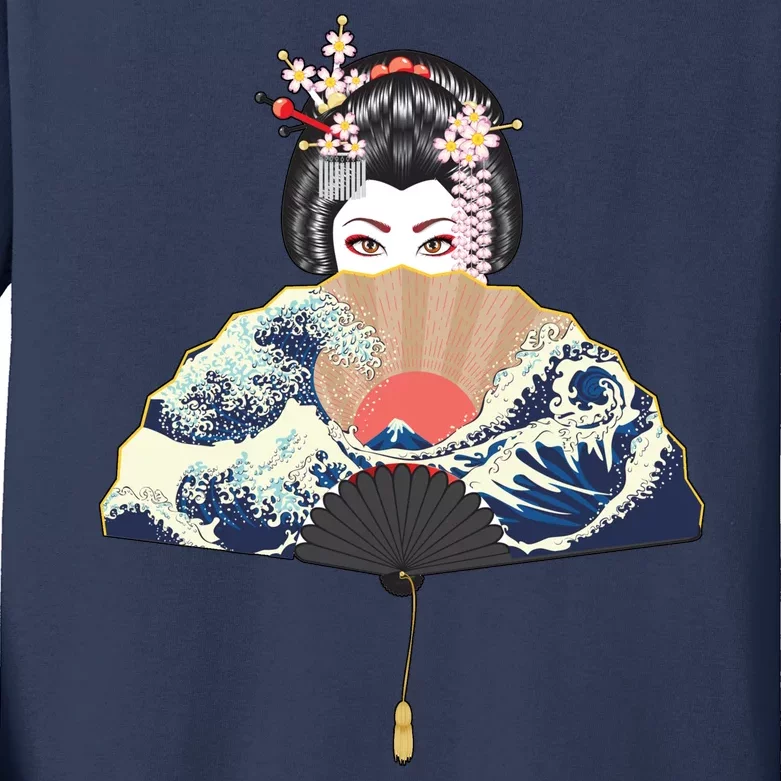 Geisha Hiding Behind Fan Wave Retro Japanese Art Graphic Kids Long Sleeve Shirt