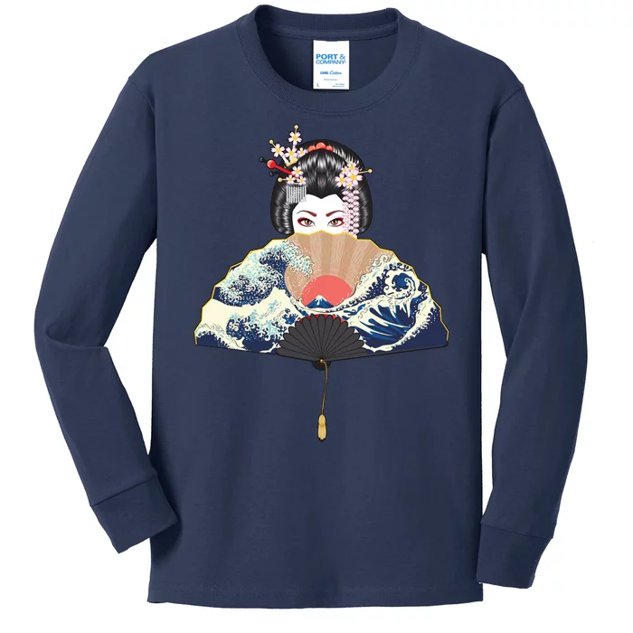 Geisha Hiding Behind Fan Wave Retro Japanese Art Graphic Kids Long Sleeve Shirt