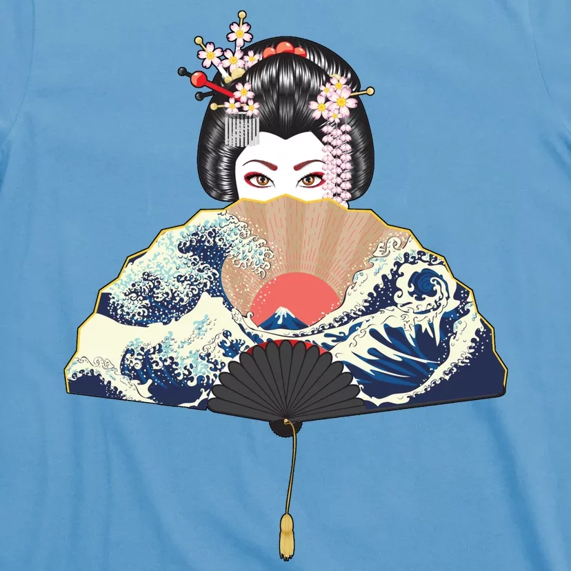 Geisha Hiding Behind Fan Wave Retro Japanese Art Graphic T-Shirt