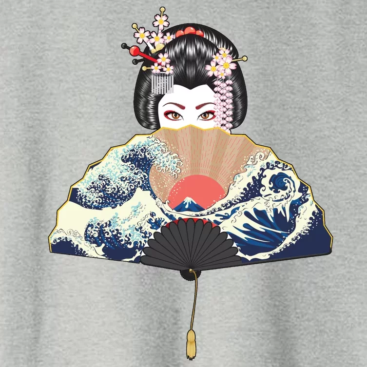 Geisha Hiding Behind Fan Wave Retro Japanese Art Graphic Women's Crop Top Tee