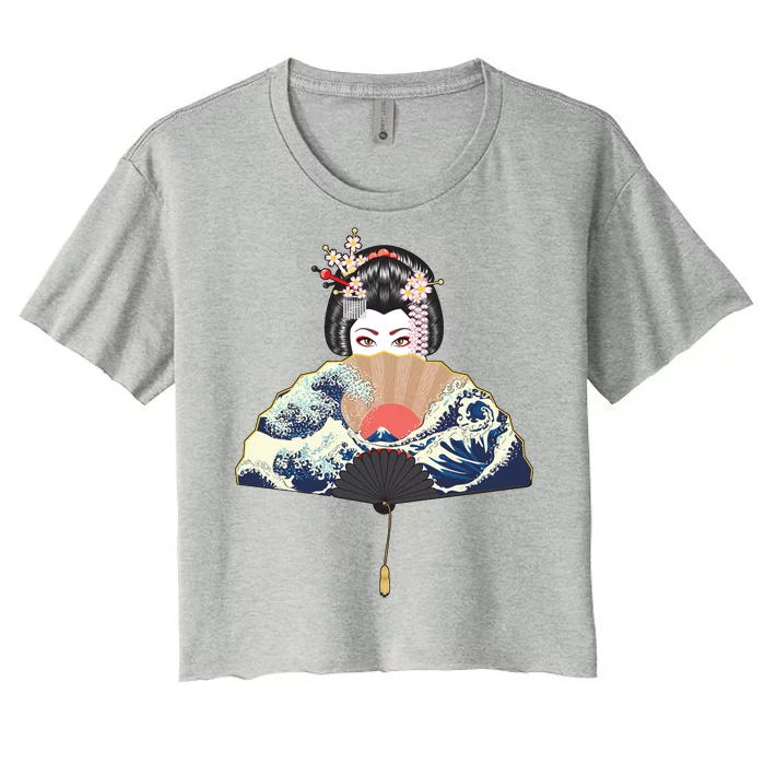 Geisha Hiding Behind Fan Wave Retro Japanese Art Graphic Women's Crop Top Tee