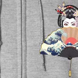 Geisha Hiding Behind Fan Wave Retro Japanese Art Graphic Full Zip Hoodie