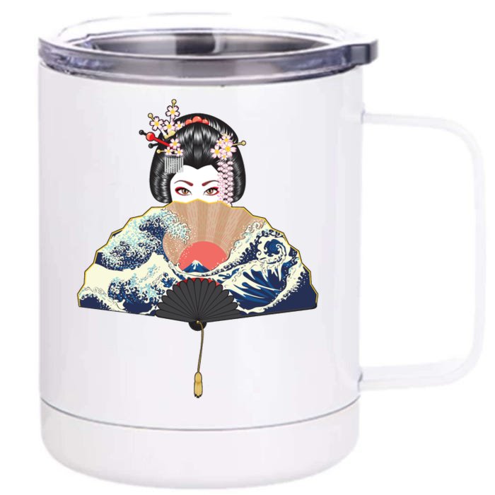 Geisha Hiding Behind Fan Wave Retro Japanese Art Graphic Front & Back 12oz Stainless Steel Tumbler Cup