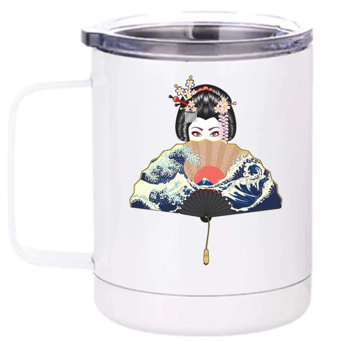 Geisha Hiding Behind Fan Wave Retro Japanese Art Graphic Front & Back 12oz Stainless Steel Tumbler Cup