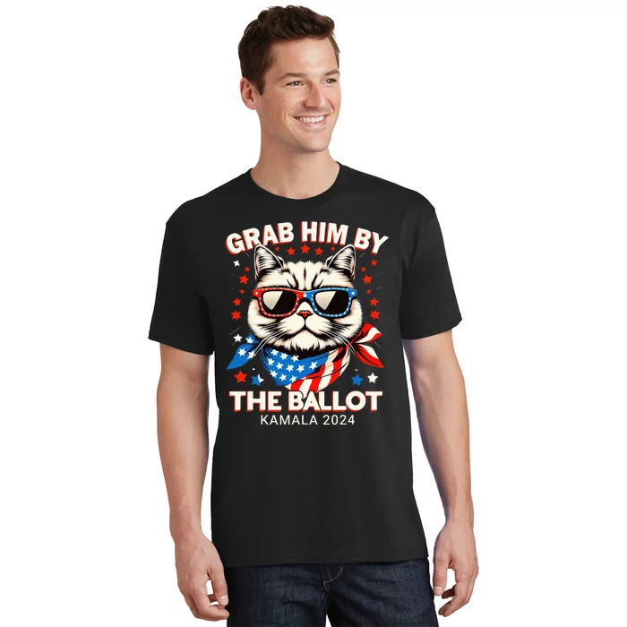 Grab Him By The Ballot Kamala 2024 Cat Lady Usa Flag Design T-Shirt