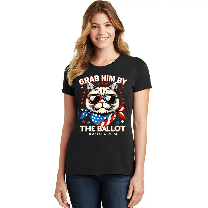 Grab Him By The Ballot Kamala 2024 Cat Lady Usa Flag Design Women's T-Shirt