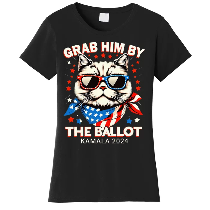 Grab Him By The Ballot Kamala 2024 Cat Lady Usa Flag Design Women's T-Shirt