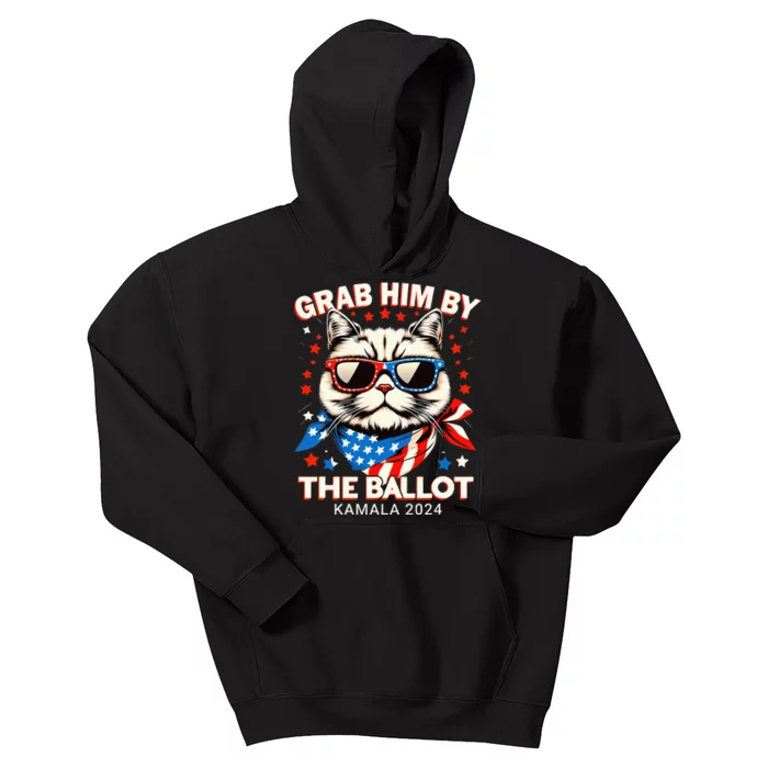 Grab Him By The Ballot Kamala 2024 Cat Lady Usa Flag Design Kids Hoodie