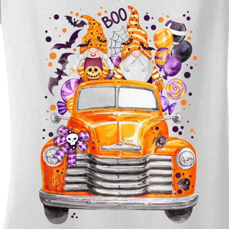 Gnome Halloween Boo Truck Women's V-Neck T-Shirt