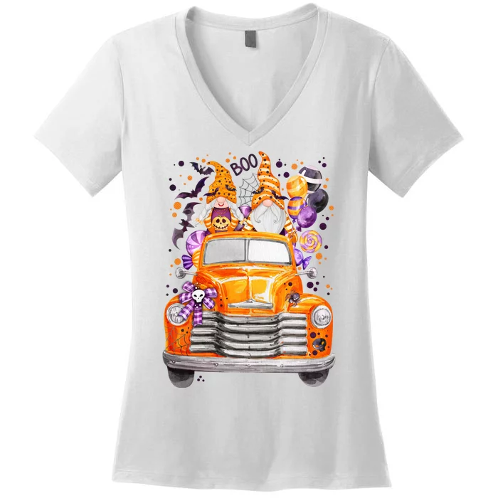 Gnome Halloween Boo Truck Women's V-Neck T-Shirt