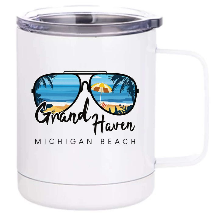 Grand Haven Beach Michigan Palm Tree Sunglasses Souvenir Front & Back 12oz Stainless Steel Tumbler Cup