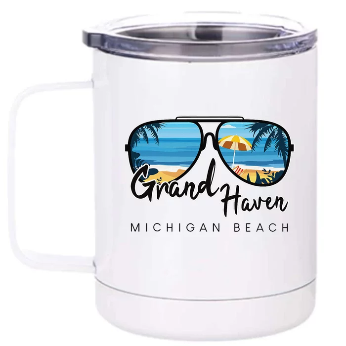 Grand Haven Beach Michigan Palm Tree Sunglasses Souvenir Front & Back 12oz Stainless Steel Tumbler Cup