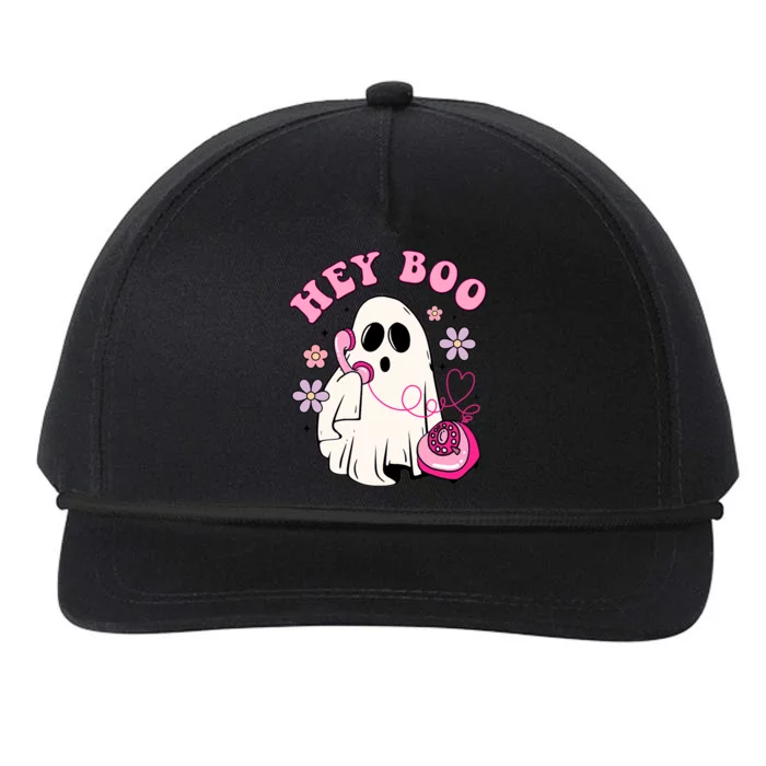 Groovy Hey Boo Cute Ghost Funny Halloween Breast Cancer Awareness Snapback Five-Panel Rope Hat