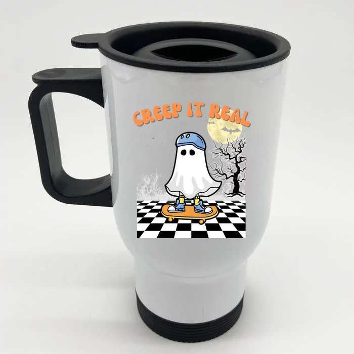 Groovy Halloween Creep It Real Retro Skateboarding Ghost Gift Front & Back Stainless Steel Travel Mug