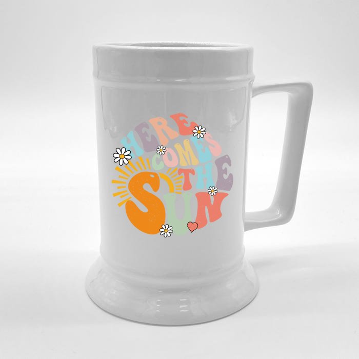 Groovy Here Comes The Sun Flower Summer Family Vacation 2024 Gift Front & Back Beer Stein