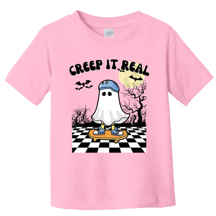 Groovy Halloween Creep It Real Retro Skateboarding Ghost Meaningful Gift Toddler T-Shirt