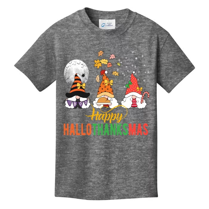 Gnomes Halloween Christmas Thanksgiving Happy Hallothanksmas Kids T-Shirt