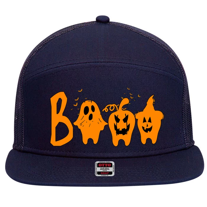 Group Halloween Costume Teeth Booo Pumpkin Witch Ghost Funny Cute Gift 7 Panel Mesh Trucker Snapback Hat