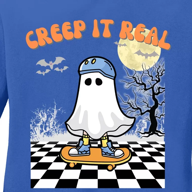 Groovy Halloween Creep It Real Retro Skateboarding Ghost Gift Ladies Long Sleeve Shirt