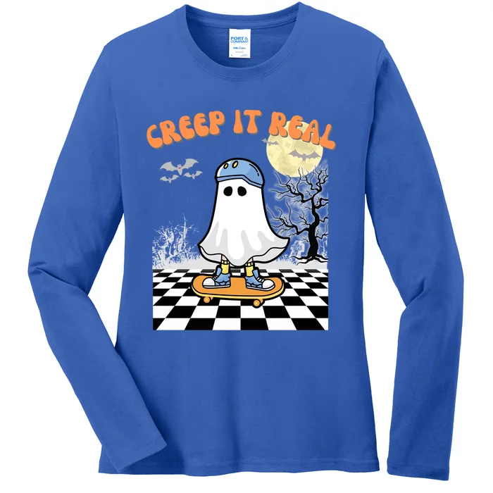 Groovy Halloween Creep It Real Retro Skateboarding Ghost Gift Ladies Long Sleeve Shirt