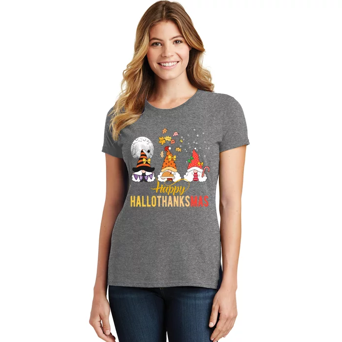 Gnomes Halloween Christmas Thanksgiving Happy Hallothanksmas Women's T-Shirt