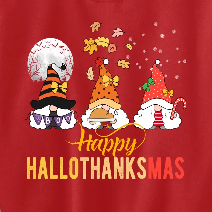 Gnomes Halloween Christmas Thanksgiving Happy Hallothanksmas Kids Sweatshirt