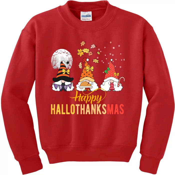 Gnomes Halloween Christmas Thanksgiving Happy Hallothanksmas Kids Sweatshirt