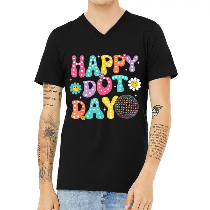 Groovy Happy Dot Day Teacher September 15th 2024 V-Neck T-Shirt