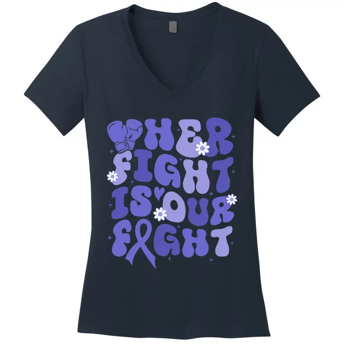 Gerd Her Fight Is Our Fight Periwinkle Flower Ribbon Women's V-Neck T-Shirt