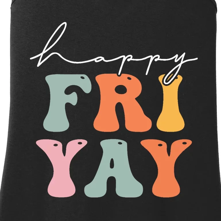 Groovy Happy Fri-yay! Teachers Weekend Friday Teacher TGIF Ladies Essential Tank