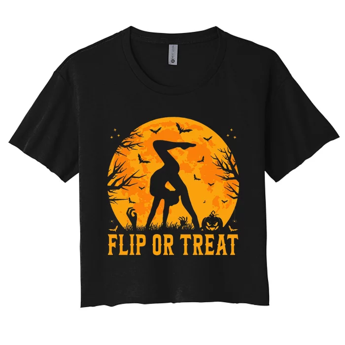 Gymnastics Halloween Flip Or Treat Halloween Gymnastics Women's Crop Top Tee