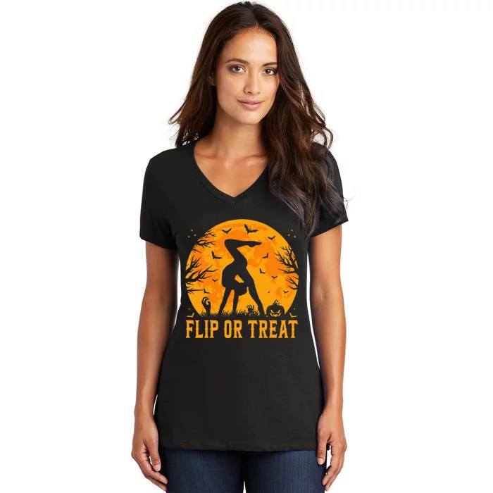 Gymnastics Halloween Flip Or Treat Halloween Gymnastics Women's V-Neck T-Shirt