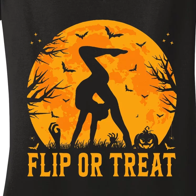 Gymnastics Halloween Flip Or Treat Halloween Gymnastics Women's V-Neck T-Shirt