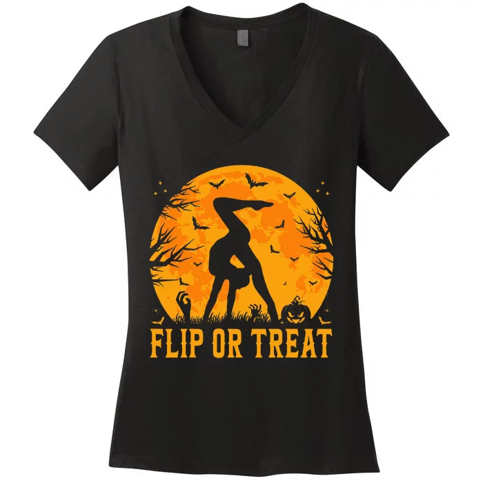 Gymnastics Halloween Flip Or Treat Halloween Gymnastics Women's V-Neck T-Shirt