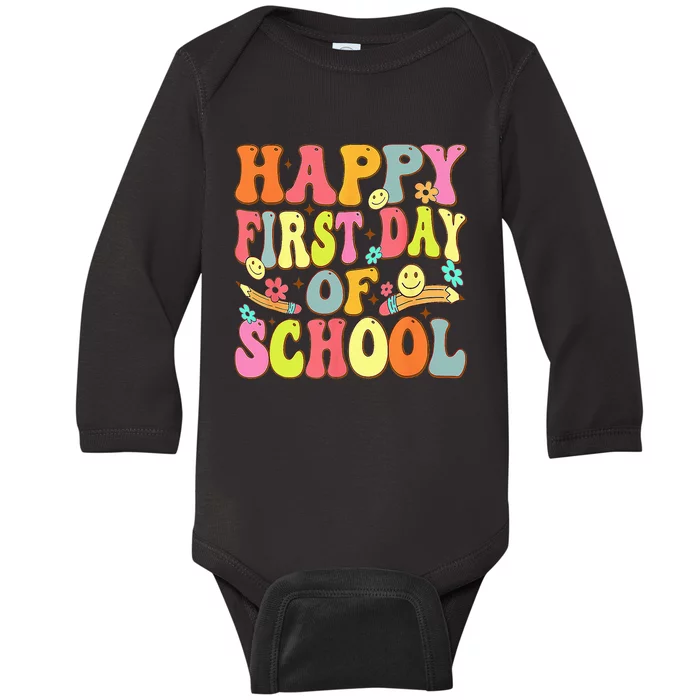 Groovy Happy First Day Of School Back To School Teachers Baby Long Sleeve Bodysuit