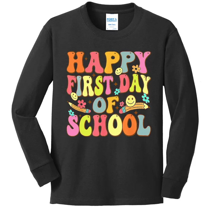 Groovy Happy First Day Of School Back To School Teachers Kids Long Sleeve Shirt