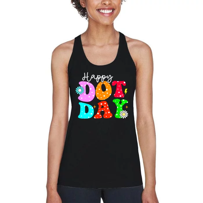 Groovy Hippie Flowers Smile Face Teacher Gift Happy Dot Day Gift Women's Racerback Tank