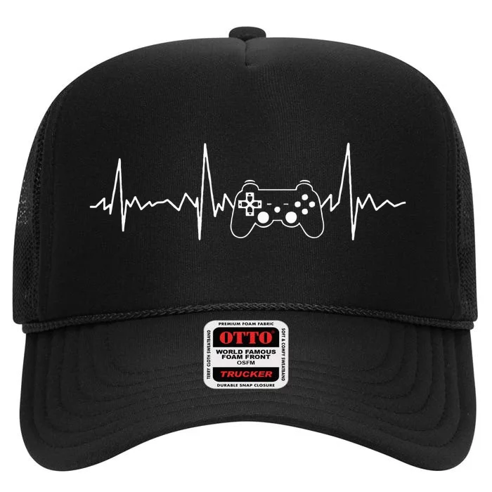 Gamer Heartbeat Funny Video Game Gift Gamer High Crown Mesh Trucker Hat