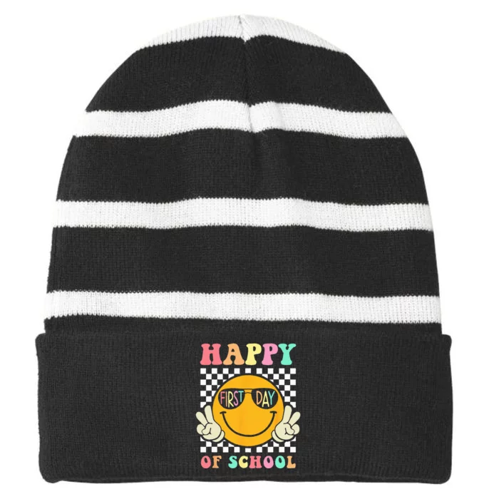 Groovy Happy First Day Of School Teacher Back To School Striped Beanie with Solid Band