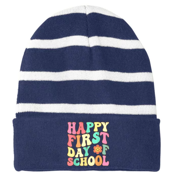 Groovy Happy First Day Of School Teacher Kids Back To School Striped Beanie with Solid Band