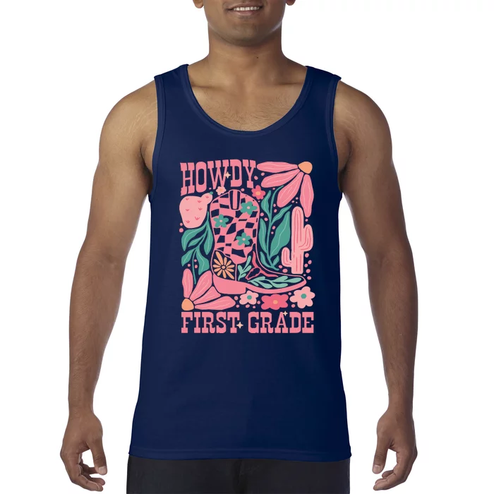 Groovy Howdy First Grade Cowboy Teacher Tank Top