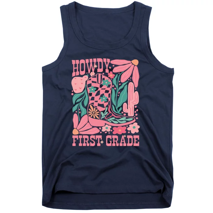 Groovy Howdy First Grade Cowboy Teacher Tank Top