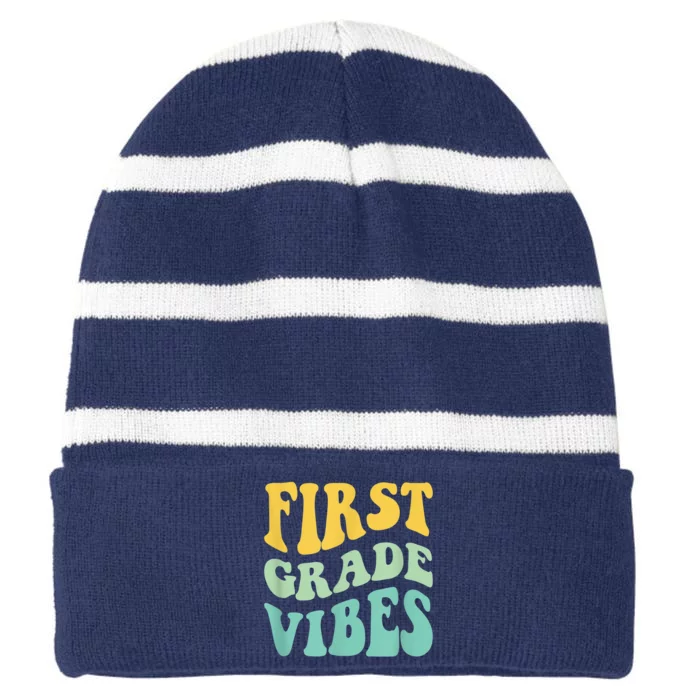 Groovy Happy First Day Of School Teacher Kids Back To School Striped Beanie with Solid Band