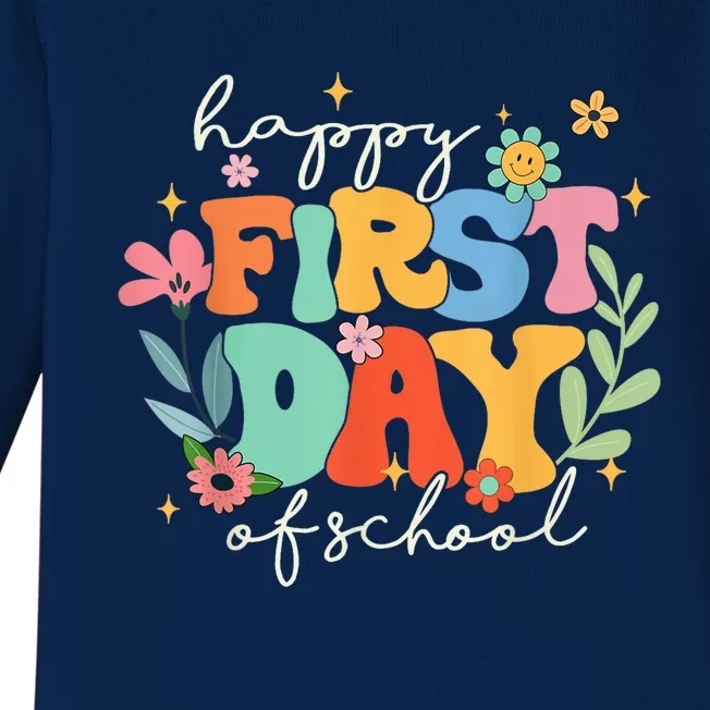 Groovy Happy First Day Of School Back To School Teacher Kid Baby Long Sleeve Bodysuit