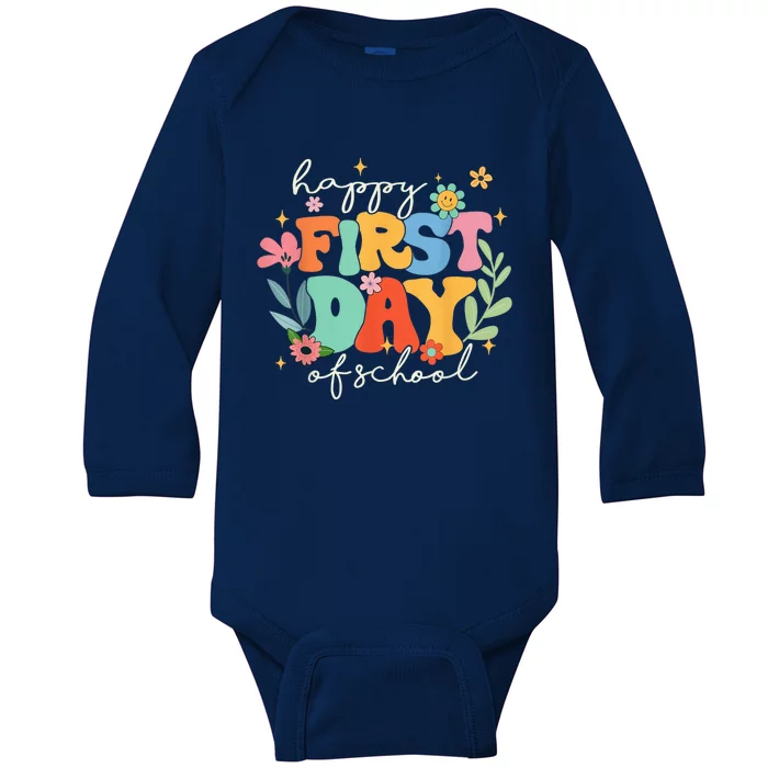 Groovy Happy First Day Of School Back To School Teacher Kid Baby Long Sleeve Bodysuit