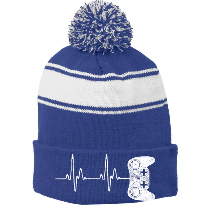 Gamer Heartbeat Great Gift Video Game Lover Funny Gift Funny Gift Stripe Pom Pom Beanie