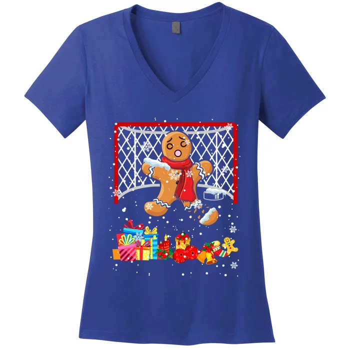 Gingerbread Hockey Goalie Xmas Gingerbread Hockey Player Great Gift Women's V-Neck T-Shirt